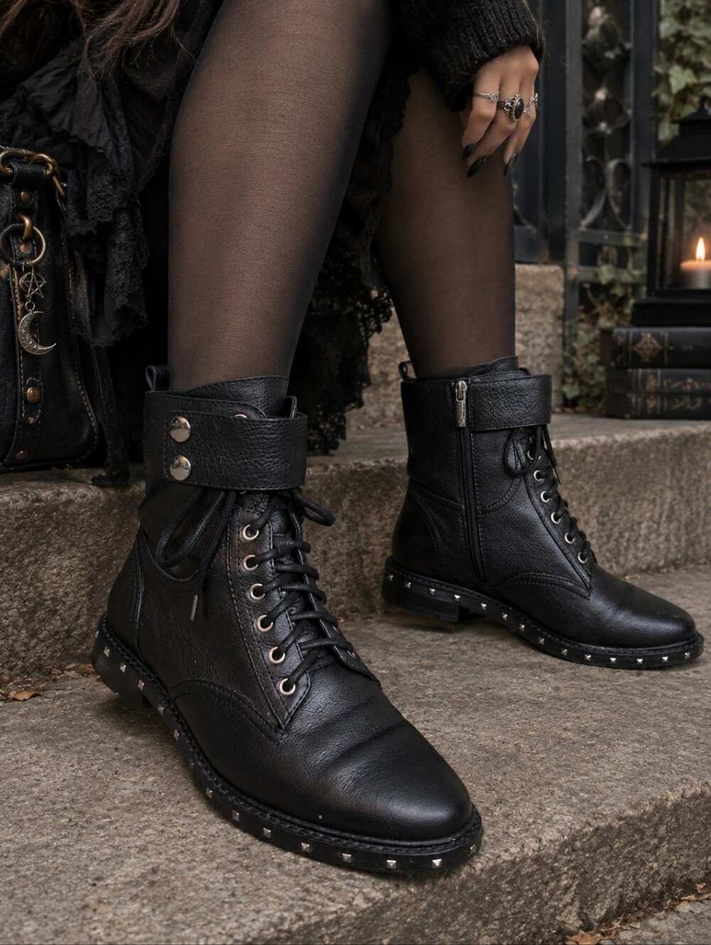 Vince Camuto Talorini Black Leather Studded Moto Combat Boots Size 6 Goth Punk